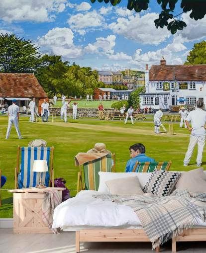 Tapete „Cricketgrün“ und Menschen, die in Liegestühlen zuschauen Tapete „Cricketgrün“ und Menschen, die in Liegestühlen zuschauen