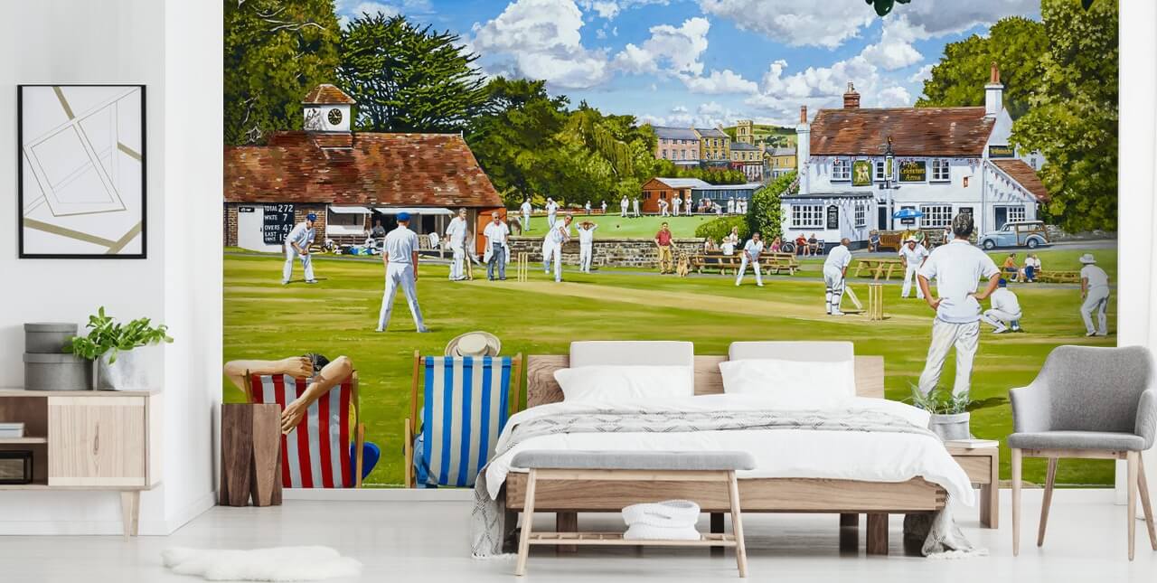 målning av cricketgrön och människor tittar på solstolar tapet målning av cricketgrön och människor tittar på solstolar tapet