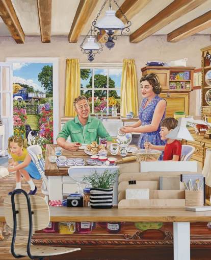 våningshuset kjøkken med rekkevidde, katt, kaker og familie tapet våningshuset kjøkken med rekkevidde, katt, kaker og familie tapet