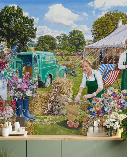 two women preparing flowers for a wedding outside wallpaper two women preparing flowers for a wedding outside wallpaper