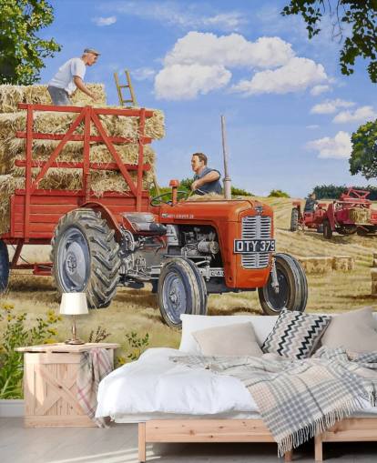 röd traktor full av hö med bönder tapeter röd traktor full av hö med bönder tapeter