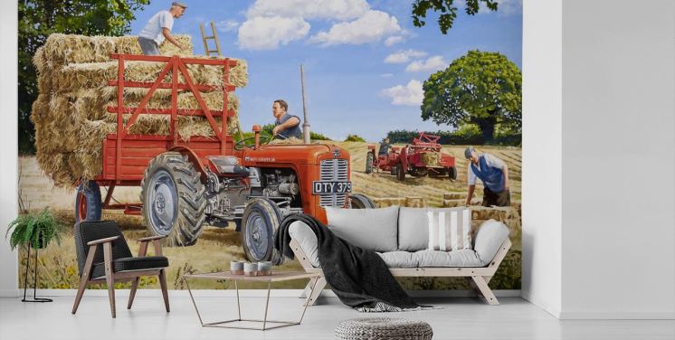 red tractor full of hay with farmers wallpaper