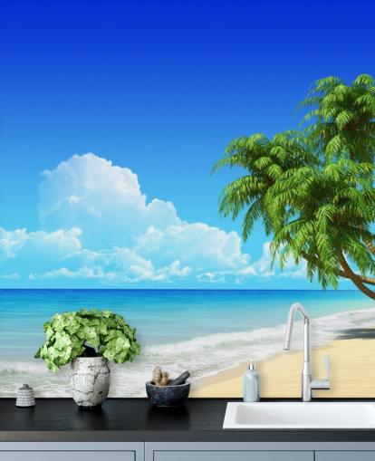 Palme drapiert über weißen Strand Tapete Palme drapiert über weißen Strand Tapete