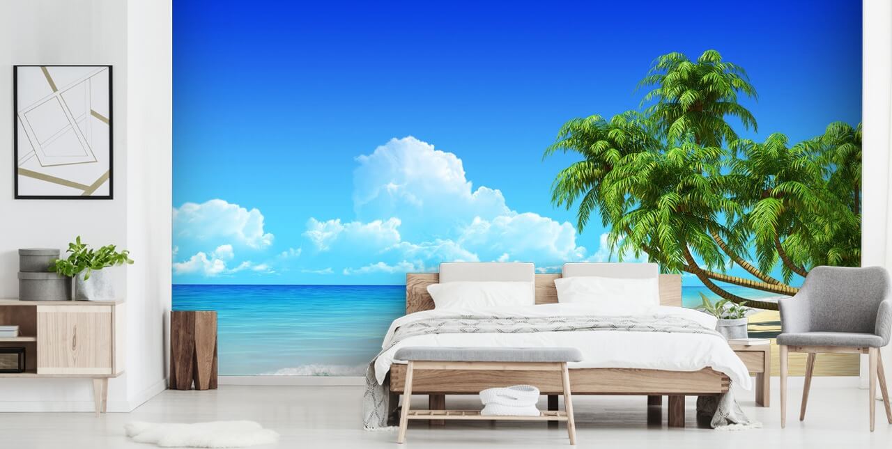 Palm Tree Draperet Over Hvid Strand Baggrund