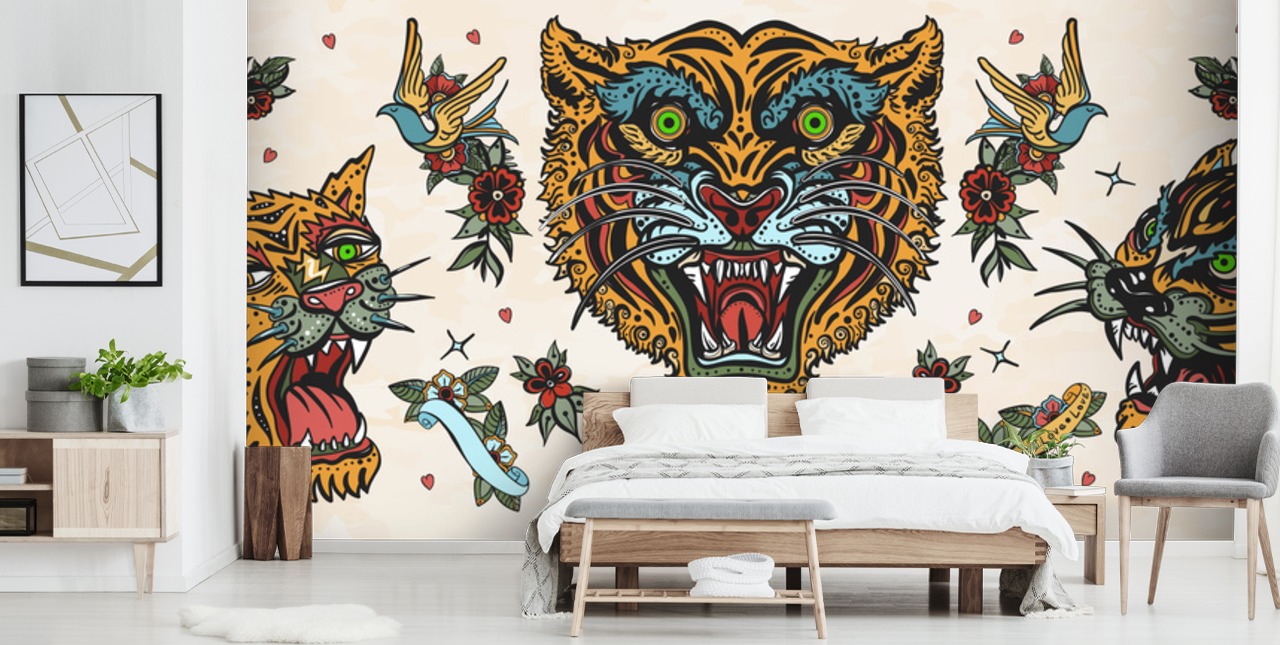 oransje og blå tiger tatovering tegninger tapet