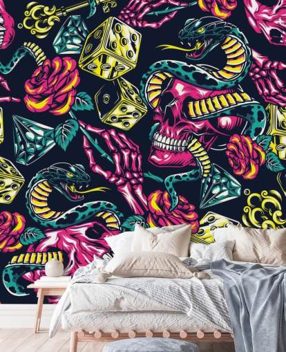 papel pintado de calavera, dados y serpiente rosa, amarillo y verde papel pintado de calavera, dados y serpiente rosa, amarillo y verde