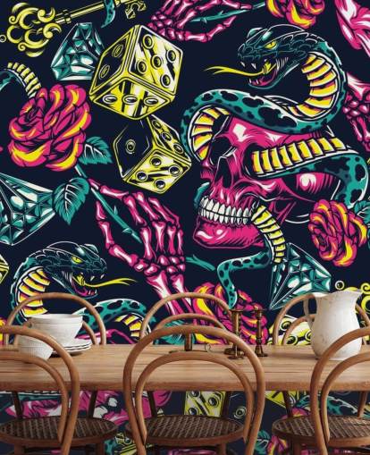 papel de parede rosa, amarelo e verde crânio, dados e cobra papel de parede rosa, amarelo e verde crânio, dados e cobra