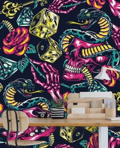 pink, yellow and green skull, dice and snake wallpaper pink, yellow and green skull, dice and snake wallpaper