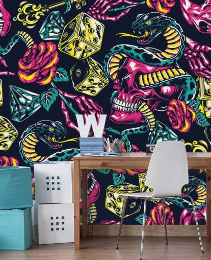 pink, yellow and green skull, dice and snake wallpaper pink, yellow and green skull, dice and snake wallpaper