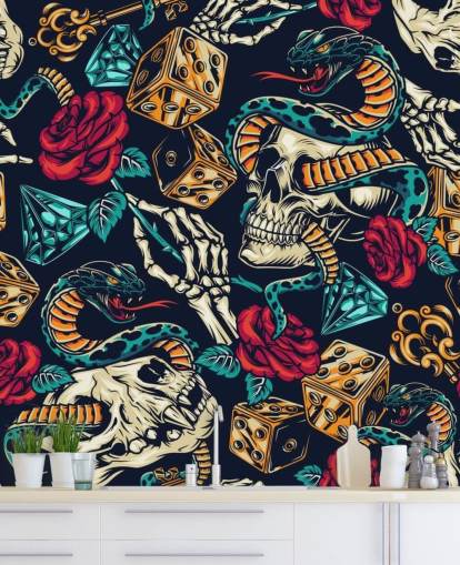 papel de parede de tatuagem de crânios, cobras, dados e rosas papel de parede de tatuagem de crânios, cobras, dados e rosas