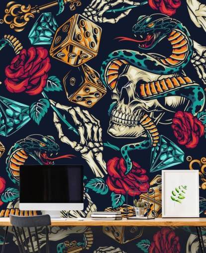 papel de parede de tatuagem de crânios, cobras, dados e rosas papel de parede de tatuagem de crânios, cobras, dados e rosas