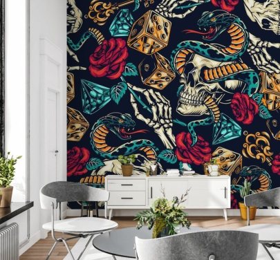 skulls, snakes, dice and roses tattoo wallpaper