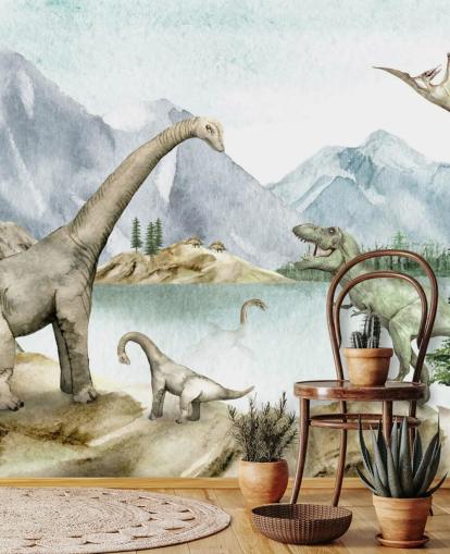 dinosaurs by lake illustration wallpaper dinosaurs by lake illustration wallpaper