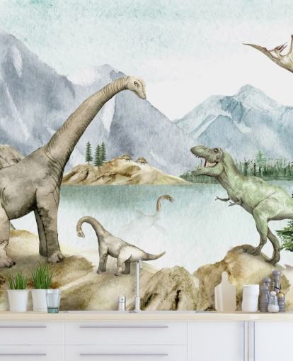 fond d'écran d'illustration de dinosaures au bord du lac fond d'écran d'illustration de dinosaures au bord du lac