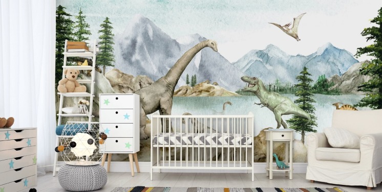 dinosaurs by lake illustration wallpaper