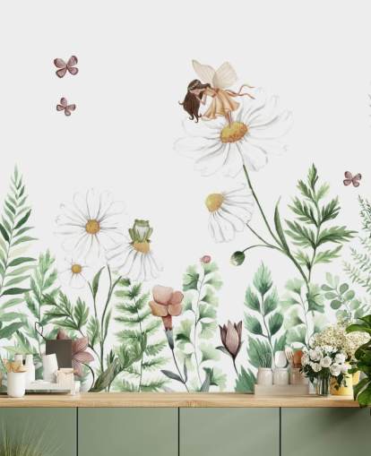 illustrerade växande blommor med älvor tapet illustrerade växande blommor med älvor tapet