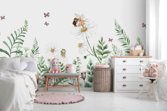 papier peint illustré de fleurs en croissance avec des fées 