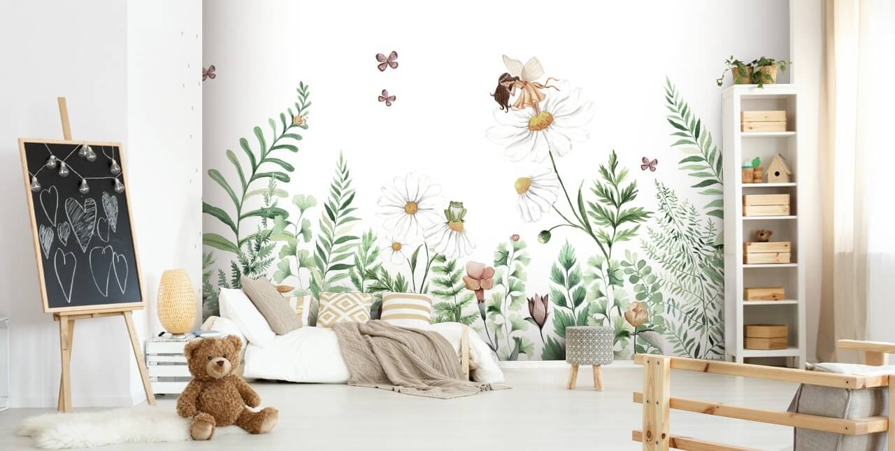 illustrerade växande blommor med älvor tapet 