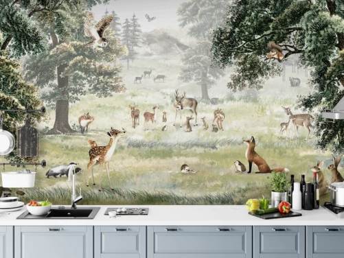 illustrated woodland and creatures wallpaper for kids bedroom
