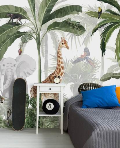 papier peint personnalisé de la jungle vert et blanc appelé Jungle Jive par Kikki Belle pour la chambre d'enfant et la crèche papier peint personnalisé de la jungle vert et blanc appelé Jungle Jive par Kikki Belle pour la chambre d'enfant et la crèche