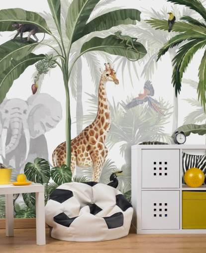 papel pintado verde y blanco personalizado de la jungla llamado Jungle Jive de Kikki Belle para el dormitorio y la guardería de los niños papel pintado verde y blanco personalizado de la jungla llamado Jungle Jive de Kikki Belle para el dormitorio y la guardería de los niños