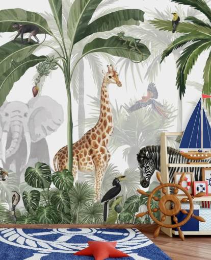 carta da parati personalizzata verde e bianca chiamata Jungle Jive di Kikki Belle per la cameretta dei bambini e la cameretta dei bambini carta da parati personalizzata verde e bianca chiamata Jungle Jive di Kikki Belle per la cameretta dei bambini e la cameretta dei bambini