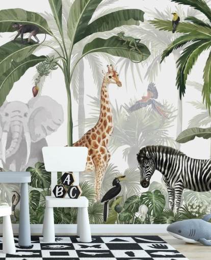 green and white custom jungle wallpaper called Jungle Jive by Kikki Belle for child's bedroom and nursery green and white custom jungle wallpaper called Jungle Jive by Kikki Belle for child's bedroom and nursery