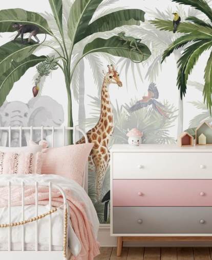 green and white custom jungle wallpaper called Jungle Jive by Kikki Belle for child's bedroom and nursery green and white custom jungle wallpaper called Jungle Jive by Kikki Belle for child's bedroom and nursery