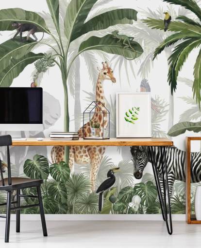 grön och vit anpassad djungel tapet som heter Jungle Jive av Kikki Belle för barns sovrum och plantskola grön och vit anpassad djungel tapet som heter Jungle Jive av Kikki Belle för barns sovrum och plantskola