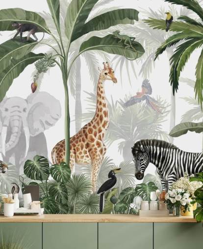 papel pintado verde y blanco personalizado de la jungla llamado Jungle Jive de Kikki Belle para el dormitorio y la guardería de los niños papel pintado verde y blanco personalizado de la jungla llamado Jungle Jive de Kikki Belle para el dormitorio y la guardería de los niños