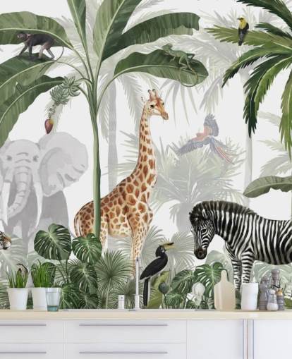 papier peint personnalisé de la jungle vert et blanc appelé Jungle Jive par Kikki Belle pour la chambre d'enfant et la crèche papier peint personnalisé de la jungle vert et blanc appelé Jungle Jive par Kikki Belle pour la chambre d'enfant et la crèche