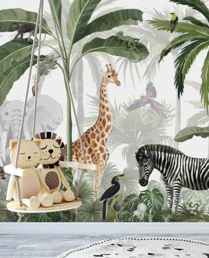 green and white custom jungle wallpaper called Jungle Jive by Kikki Belle for child's bedroom and nursery green and white custom jungle wallpaper called Jungle Jive by Kikki Belle for child's bedroom and nursery