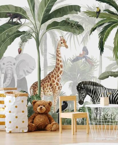 green and white custom jungle wallpaper called Jungle Jive by Kikki Belle for child's bedroom and nursery green and white custom jungle wallpaper called Jungle Jive by Kikki Belle for child's bedroom and nursery