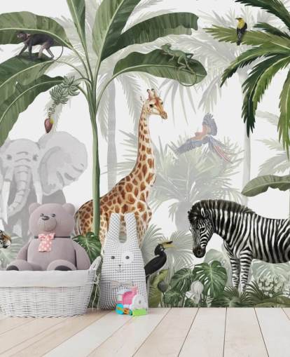 green and white custom jungle wallpaper called Jungle Jive by Kikki Belle for child's bedroom and nursery green and white custom jungle wallpaper called Jungle Jive by Kikki Belle for child's bedroom and nursery