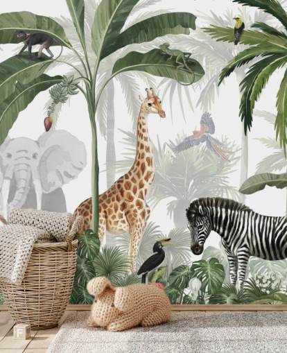 papel pintado verde y blanco personalizado de la jungla llamado Jungle Jive de Kikki Belle para el dormitorio y la guardería de los niños papel pintado verde y blanco personalizado de la jungla llamado Jungle Jive de Kikki Belle para el dormitorio y la guardería de los niños