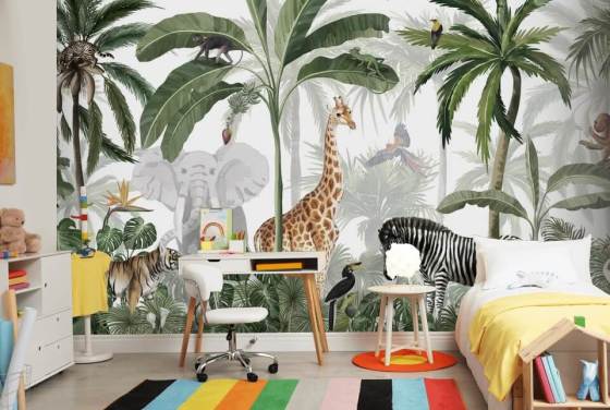 groen-wit op maat gemaakt junglebehang genaamd Jungle Jive van Kikki Belle voor kinderkamer en kinderkamer