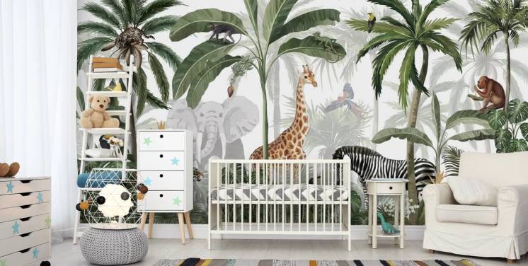 groen-wit op maat gemaakt junglebehang genaamd Jungle Jive van Kikki Belle voor kinderkamer en kinderkamer