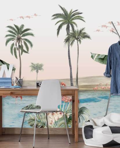 vintage-tyylinen kuva flamingoista trooppisen keitaan taustakuvalla vintage-tyylinen kuva flamingoista trooppisen keitaan taustakuvalla