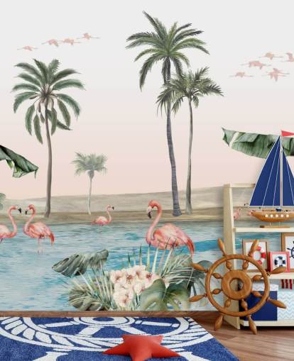 vintage style illustration of flamingos by a tropical oasis wallpaper vintage style illustration of flamingos by a tropical oasis wallpaper