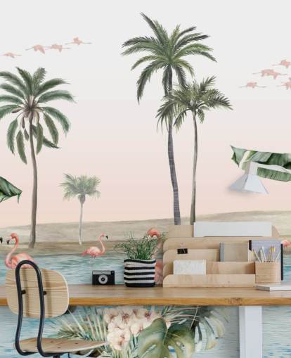 vintage style illustration of flamingos by a tropical oasis wallpaper vintage style illustration of flamingos by a tropical oasis wallpaper