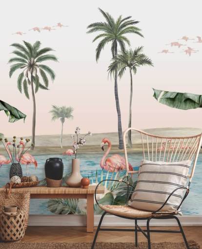 vintage style illustration of flamingos by a tropical oasis wallpaper vintage style illustration of flamingos by a tropical oasis wallpaper