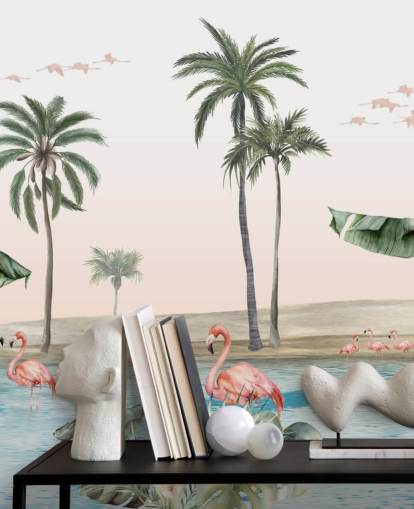 ilustração de estilo vintage de flamingos por um papel de parede de oásis tropical ilustração de estilo vintage de flamingos por um papel de parede de oásis tropical