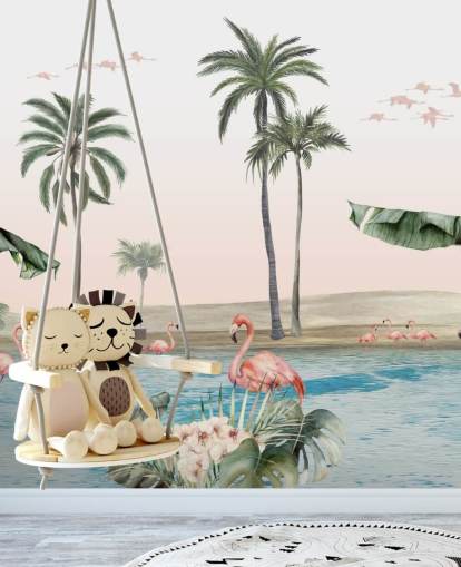 vintage style illustration of flamingos by a tropical oasis wallpaper vintage style illustration of flamingos by a tropical oasis wallpaper