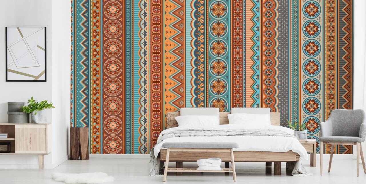 terracotta, turquoise tribal patroon behang