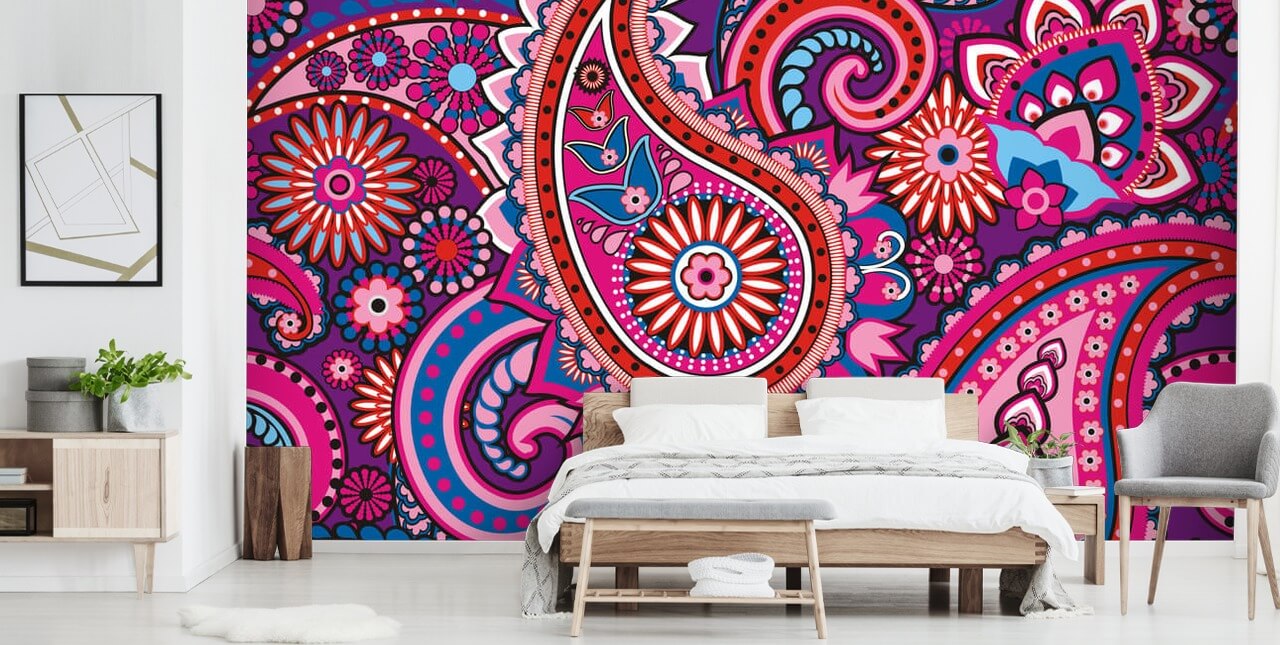 roze, paars en rood paisley behang