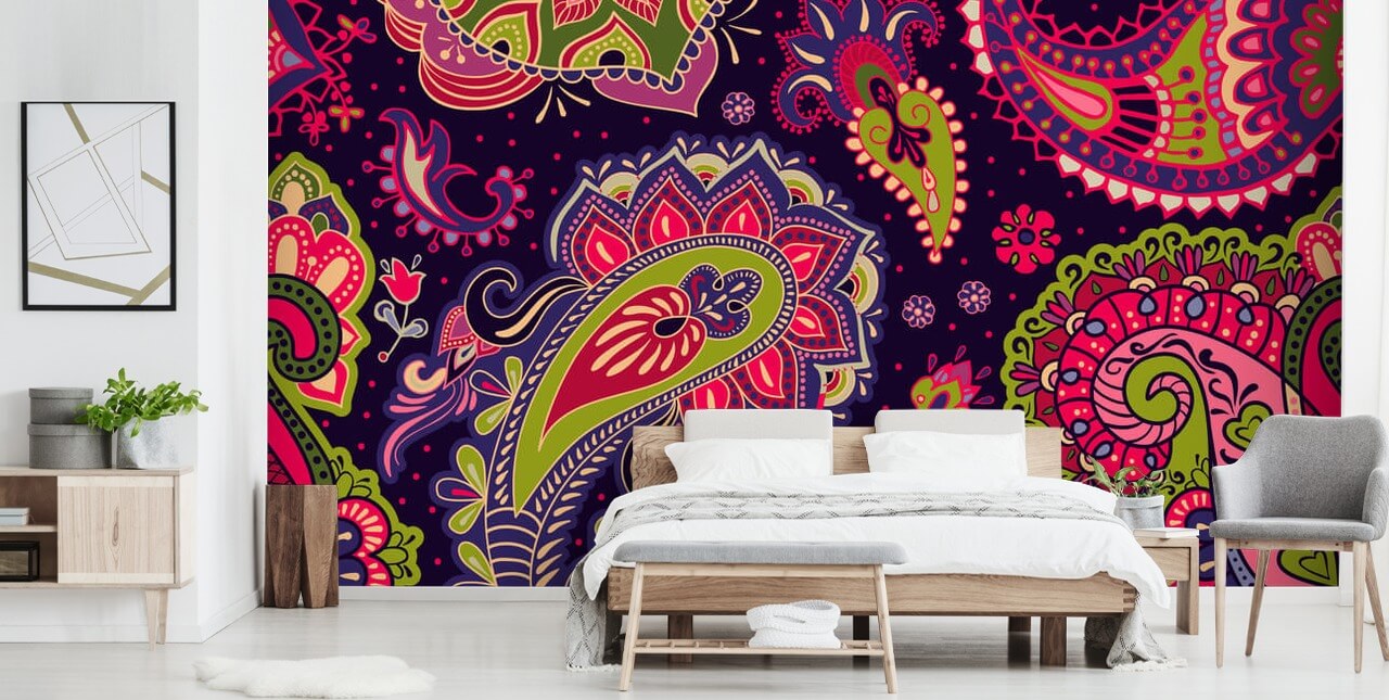 green and pink paisley wallpaper