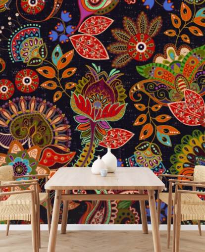 colourful folk art flowers on dark background wallpaper colourful folk art flowers on dark background wallpaper