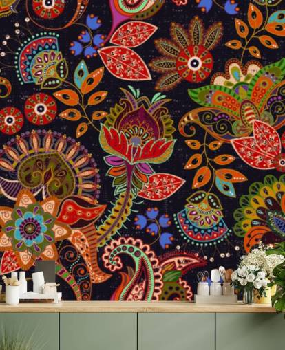colourful folk art flowers on dark background wallpaper colourful folk art flowers on dark background wallpaper