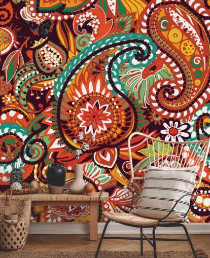 papel pintado paisley naranja, rojo y verde papel pintado paisley naranja, rojo y verde