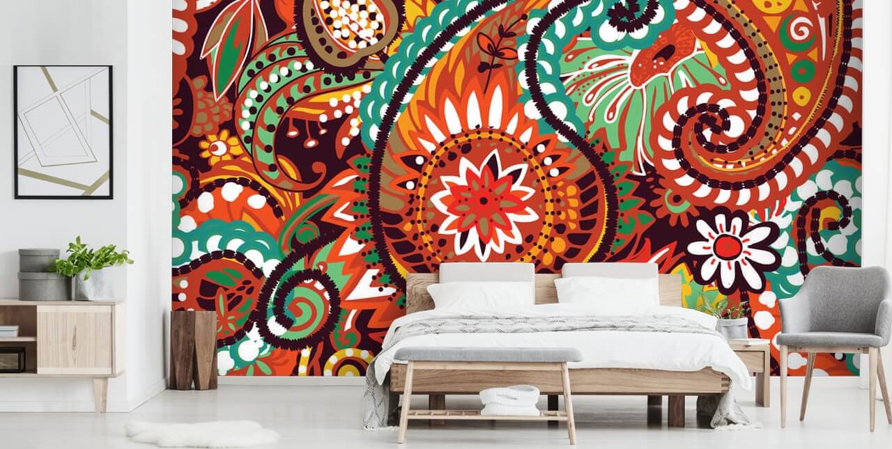 orange, rote und grüne Paisley-Tapete